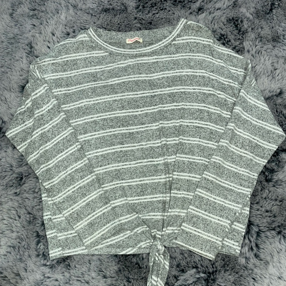 Grey and White striped fuzzy sweater with knot tie!